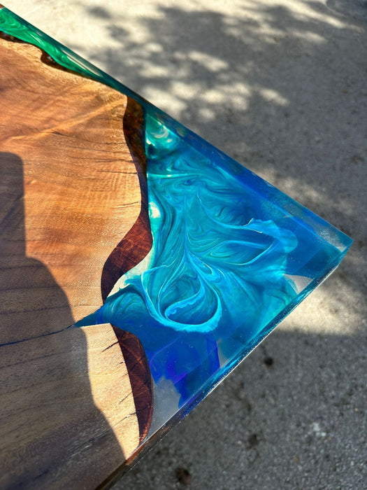 Handmade Epoxy Table, Custom 100” x 42” Walnut Blue, Turquoise, Green Table, Epoxy Dining Table, Live Edge Table, Custom for Tajara
