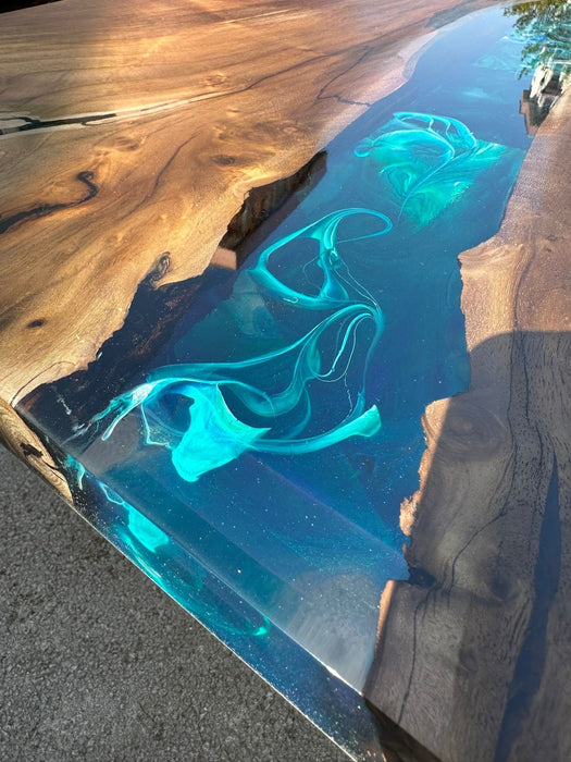 Handmade Epoxy Table, Custom 100” x 42” Walnut Blue, Turquoise, Green Table, Epoxy Dining Table, Live Edge Table, Custom for Tajara