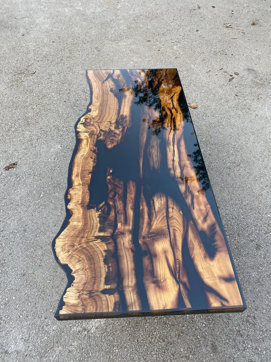 Olive Wood Epoxy Vanity Top, Custom 62” x 22” Shiny Black Epoxy Table, Epoxy Resin Vanity Table, Live Edge Table for John Mus