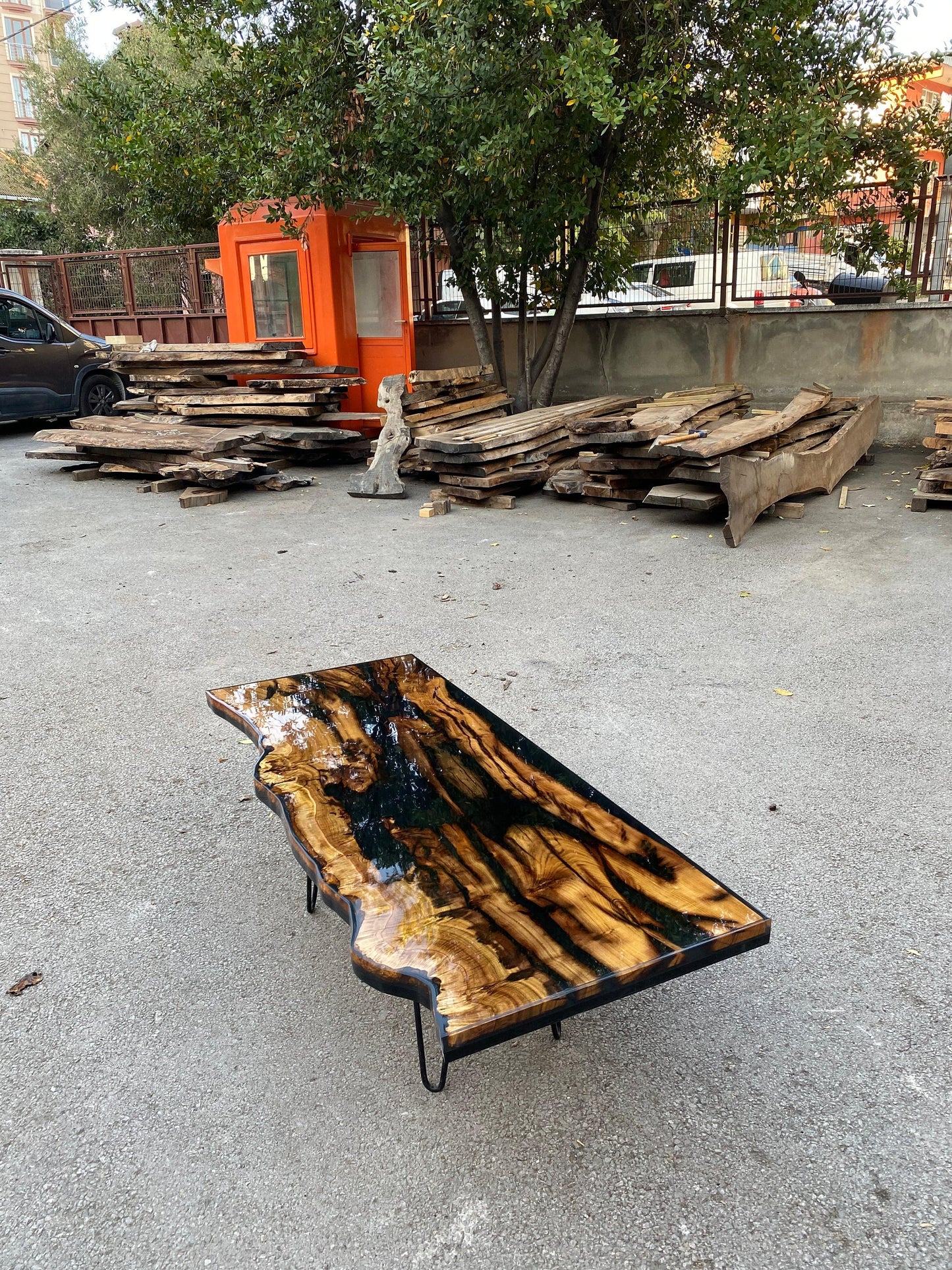 Olive Wood Epoxy Vanity Top, Custom 62” x 22” Shiny Black Epoxy Table, Epoxy Resin Vanity Table, Live Edge Table for John Mus