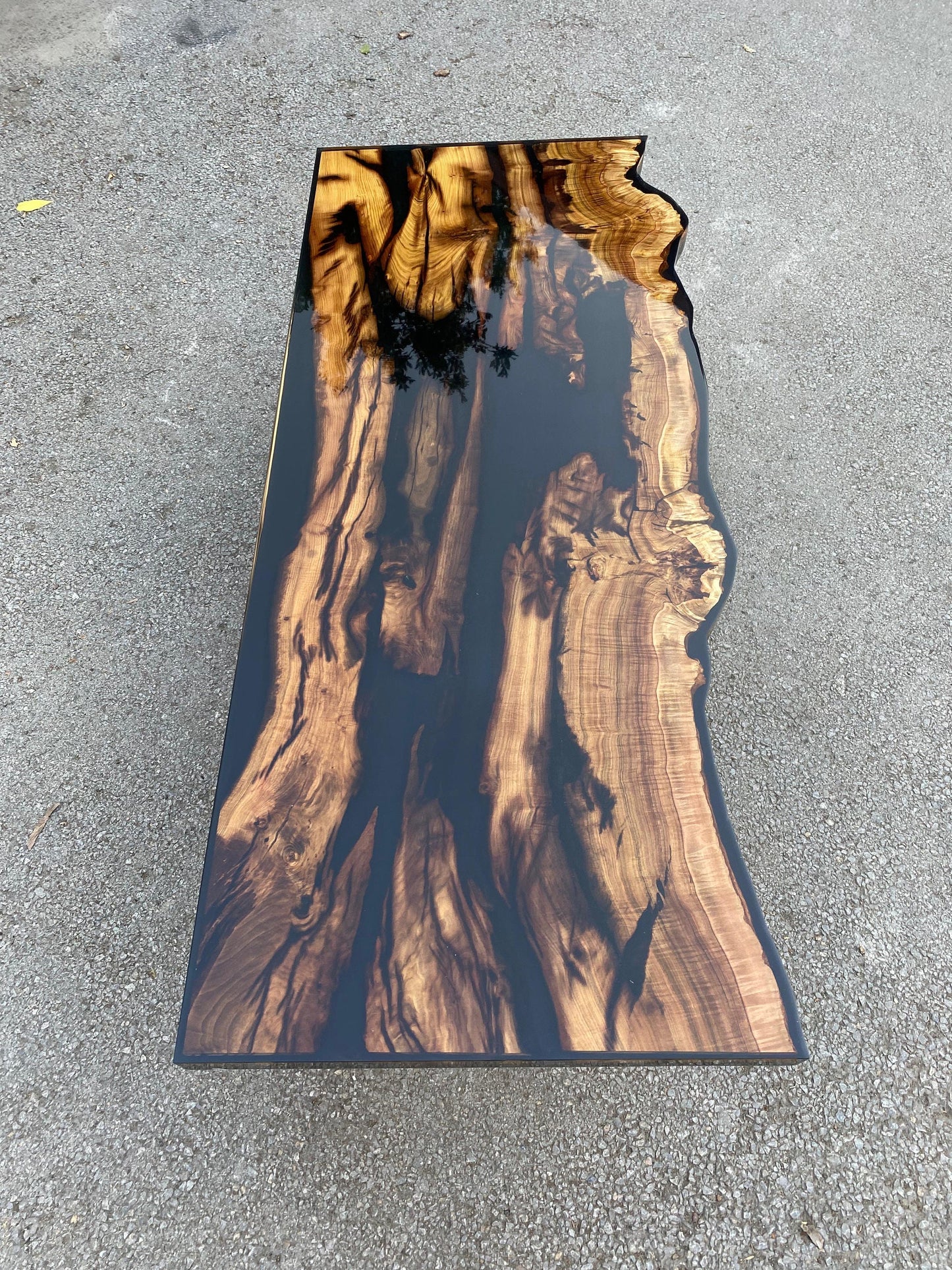 Olive Wood Epoxy Vanity Top, Custom 62” x 22” Shiny Black Epoxy Table, Epoxy Resin Vanity Table, Live Edge Table for John Mus