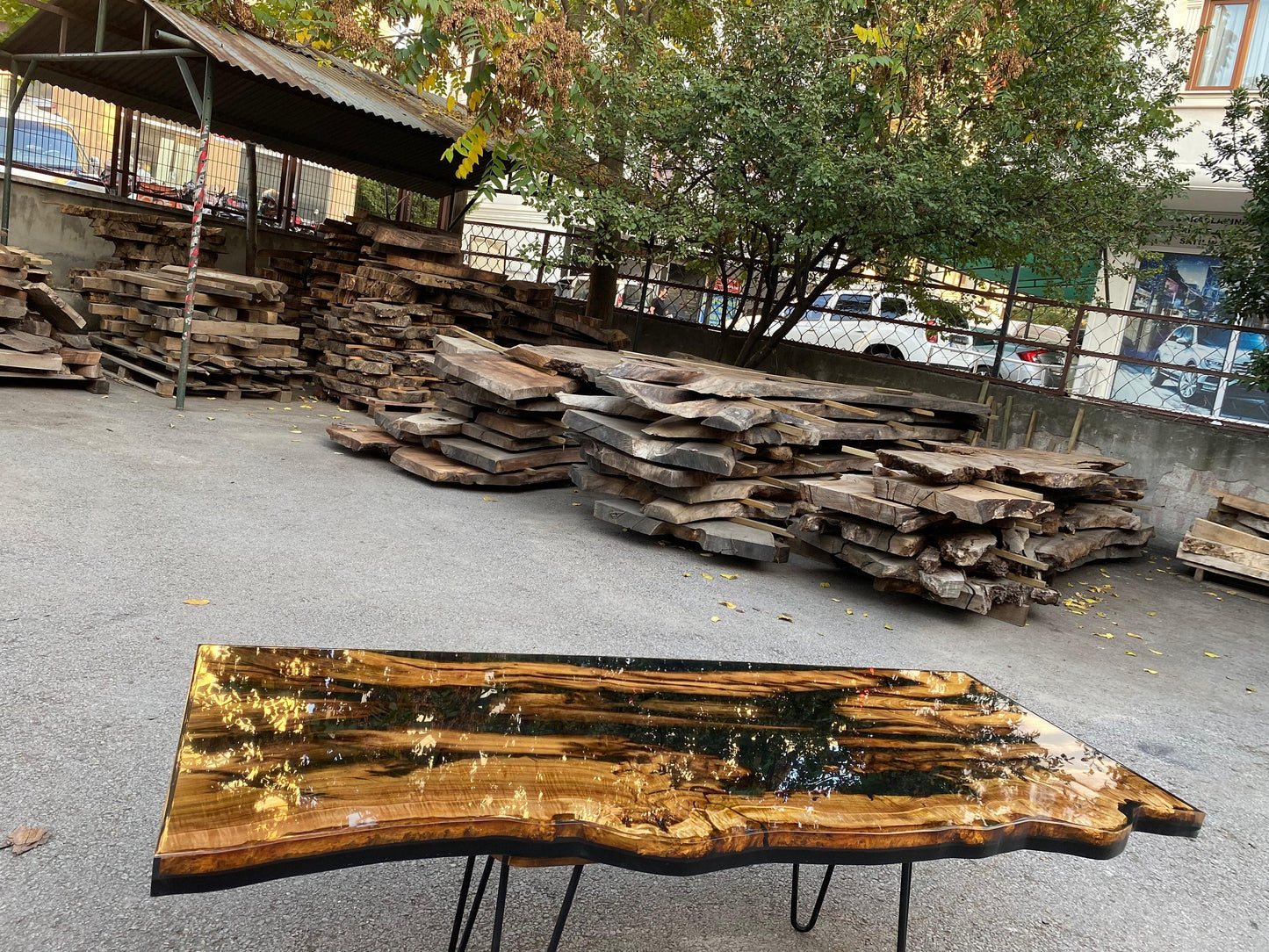 Olive Wood Epoxy Vanity Top, Custom 62” x 22” Shiny Black Epoxy Table, Epoxy Resin Vanity Table, Live Edge Table for John Mus