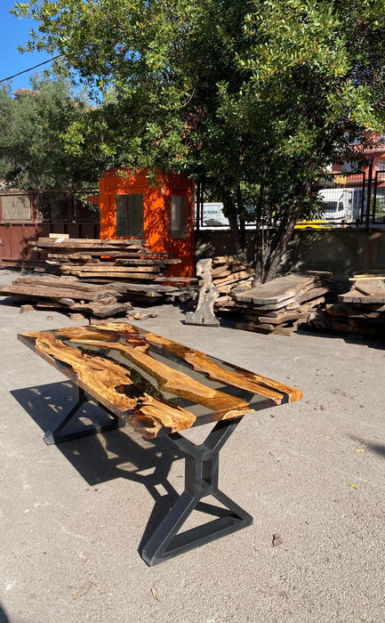 Olive Wood Table, Epoxy Dining Table, Epoxy Resin Table, Custom 70” x 32” Olive Wood Smoke Gray Epoxy Dining Table Order for Kelly S