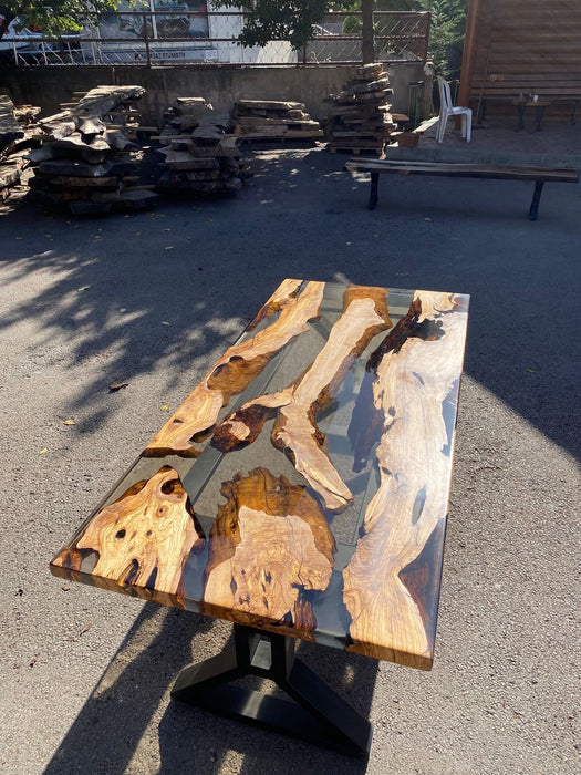 Olive Wood Table, Epoxy Dining Table, Epoxy Resin Table, Custom 70” x 32” Olive Wood Smoke Gray Epoxy Dining Table Order for Kelly S