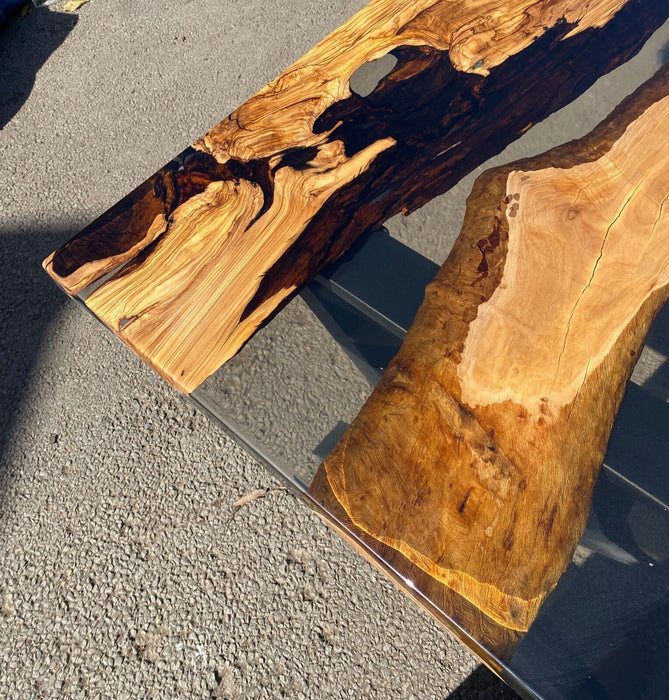 Olive Wood Table, Epoxy Dining Table, Epoxy Resin Table, Custom 70” x 32” Olive Wood Smoke Gray Epoxy Dining Table Order for Kelly S