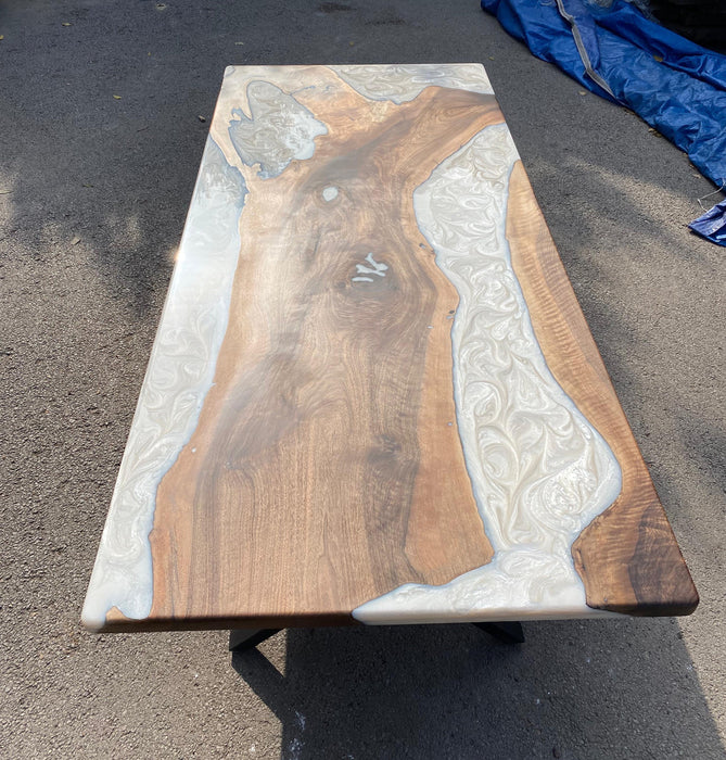 Walnut Dining Table, Custom 96”x 42” Walnut Metallic Pearl White Epoxy Table, River Table Order for Brian L