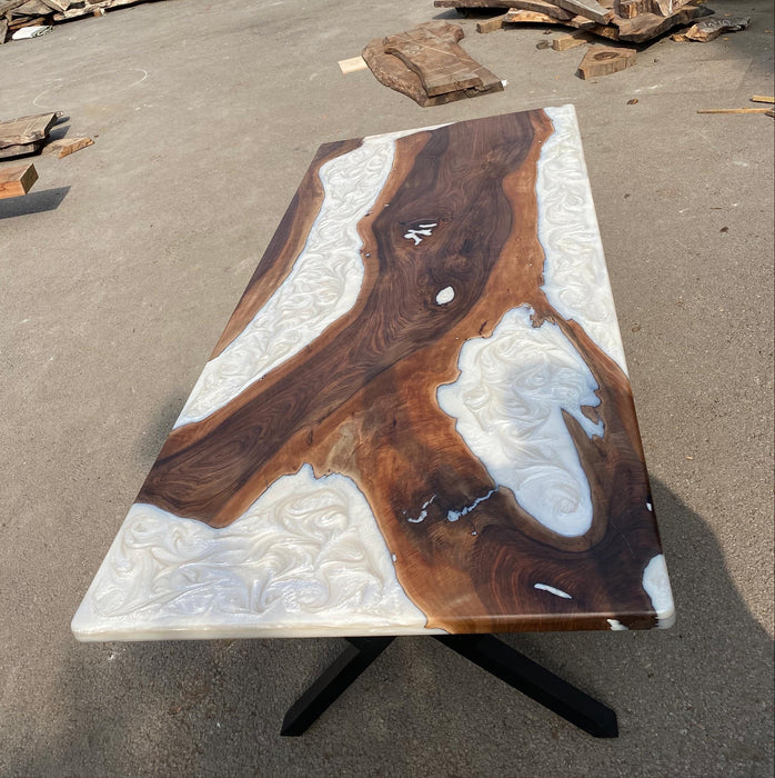 Walnut Dining Table, Custom 96”x 42” Walnut Metallic Pearl White Epoxy Table, River Table Order for Brian L