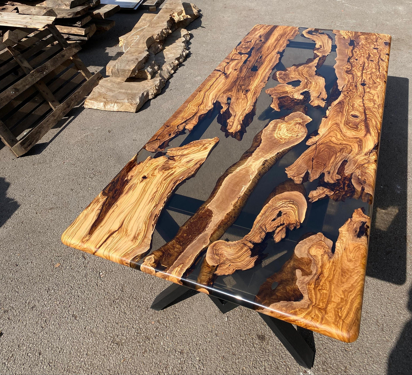 Olive Wood Epoxy Table, Custom 98” x 42” Olive Wood Table, Clear Epoxy Dining Table, Live Edge Table, Custom Order for Denise