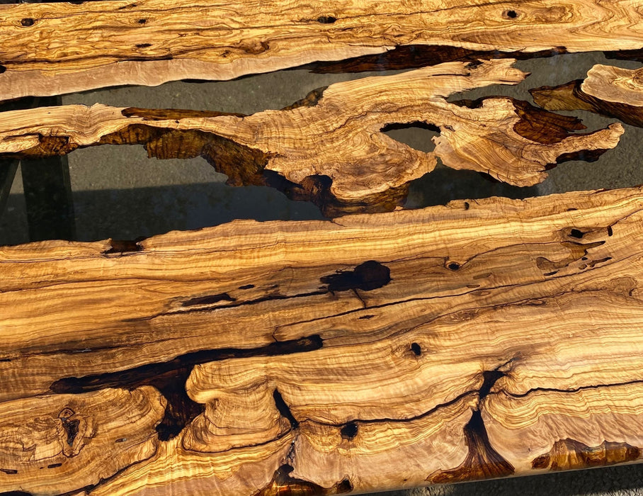 Olive Wood Epoxy Table, Custom 98” x 42” Olive Wood Table, Clear Epoxy Dining Table, Live Edge Table, Custom Order for Denise