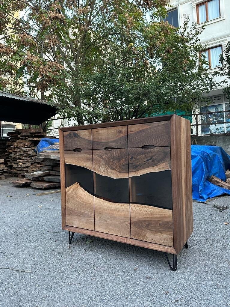 Walnut Wood Epoxy Credenza, Walnut Wood Credenza, Custom 38" x 18" x 36" Epoxy Credenza, Custom Order for Harold C1