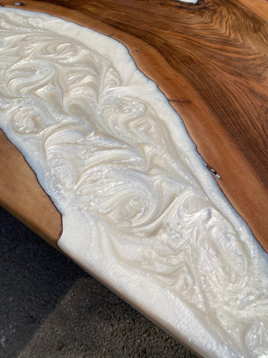 Walnut Dining Table, Custom 96”x 42” Walnut Metallic Pearl White Epoxy Table, River Table Order for Brian L