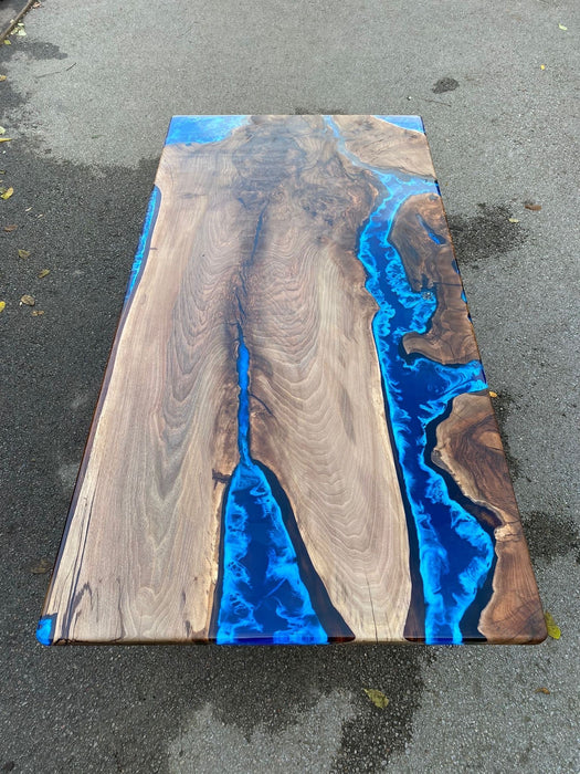 Walnut Live Edge Dining Table, Custom 80” x 40” Walnut Wood Deep Blue and Turquoise, White Waves Aquarium Table, Epoxy Table for Erin G