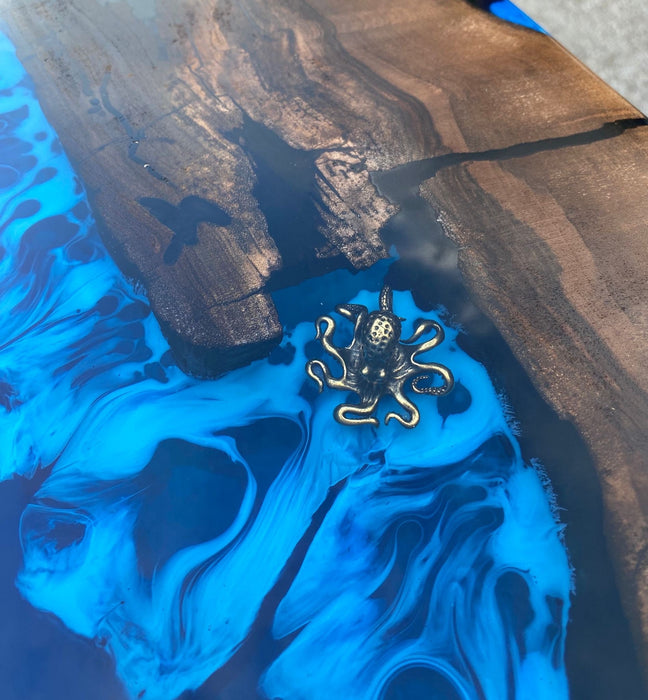 Walnut Live Edge Dining Table, Custom 80” x 40” Walnut Wood Deep Blue and Turquoise, White Waves Aquarium Table, Epoxy Table for Erin G