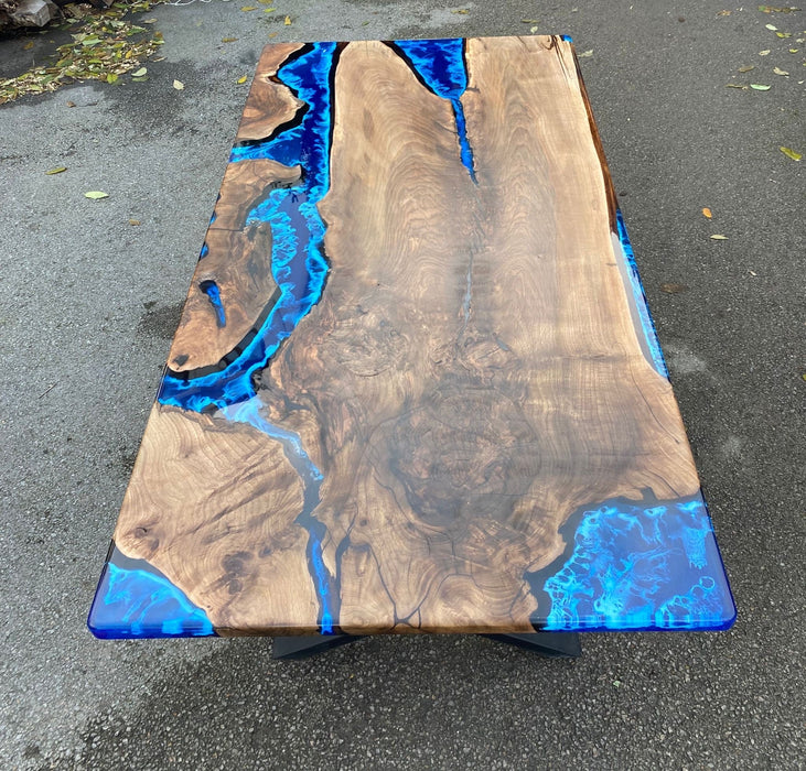 Walnut Live Edge Dining Table, Custom 80” x 40” Walnut Wood Deep Blue and Turquoise, White Waves Aquarium Table, Epoxy Table for Erin G