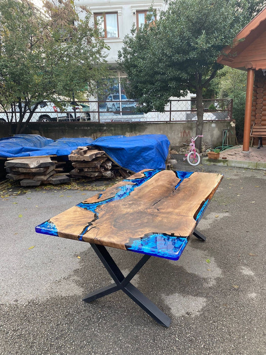 Walnut Live Edge Dining Table, Custom 80” x 40” Walnut Wood Deep Blue and Turquoise, White Waves Aquarium Table, Epoxy Table for Erin G