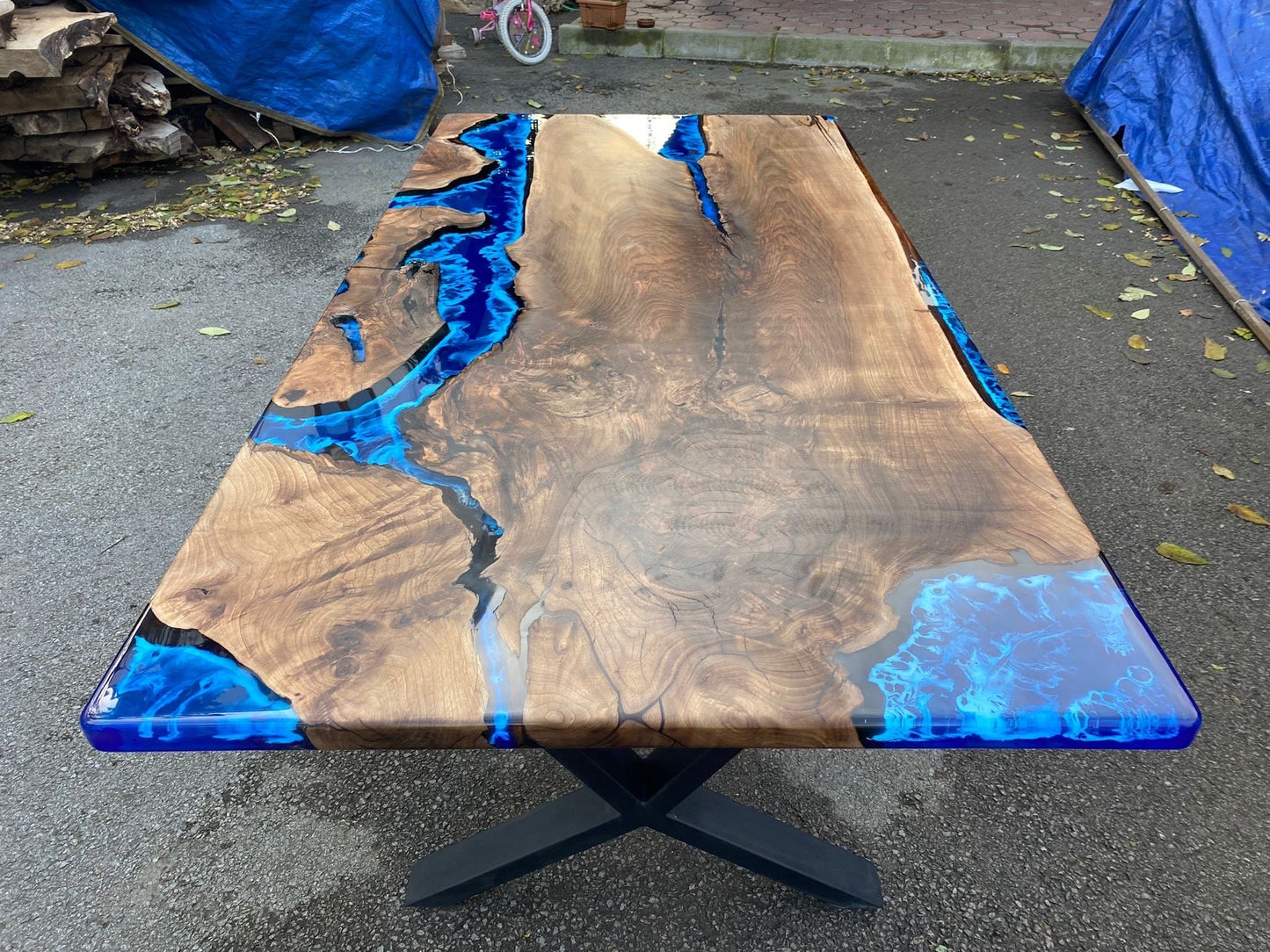 Walnut Live Edge Dining Table, Custom 80” x 40” Walnut Wood Deep Blue and Turquoise, White Waves Aquarium Table, Epoxy Table for Erin G