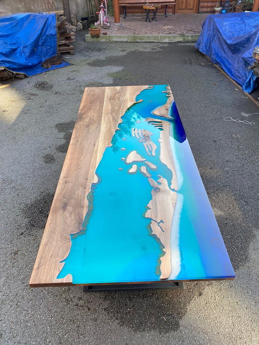 Clearwater Beach Epoxy Table Custom 102” x 42” Walnut Turquoise Epoxy Table, Epoxy Lake Dining Table, Kelly Island Custom Order for Kelly F