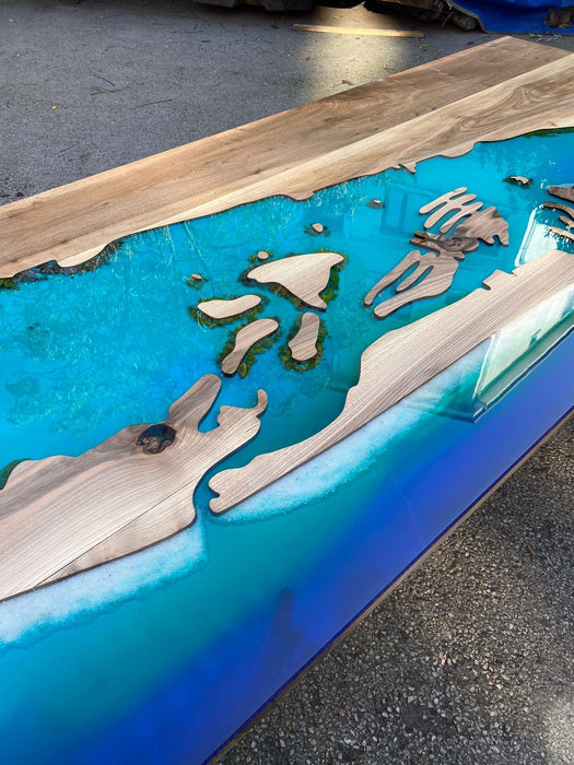 Clearwater Beach Epoxy Table Custom 102” x 42” Walnut Turquoise Epoxy Table, Epoxy Lake Dining Table, Kelly Island Custom Order for Kelly F