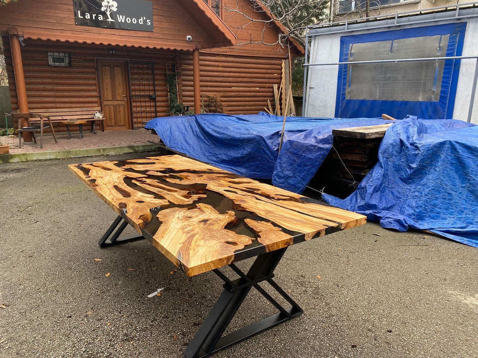 Olive Wood Dining Table, Custom 100” x 44" Smoke Gray Epoxy Table,  Handmade Epoxy Resin River Table, Live Edge Dining Table for Paul B