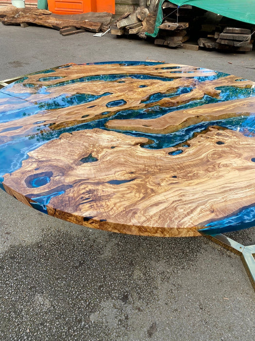 Olive Wood Epoxy Table, Custom 72” Diameter Round Olive Wood Table, Blue, Turquoise Waves Epoxy Dining Table, Order for Lisa C