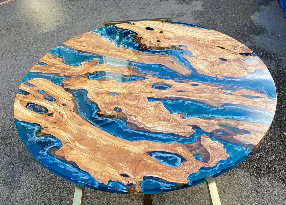 Olive Wood Epoxy Table, Custom 72” Diameter Round Olive Wood Table, Blue, Turquoise Waves Epoxy Dining Table, Order for Lisa C