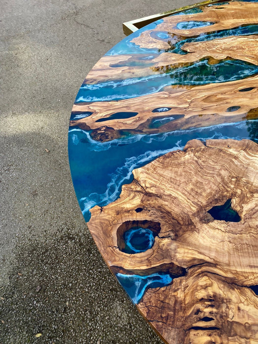 Olive Wood Epoxy Table, Custom 72” Diameter Round Olive Wood Table, Blue, Turquoise Waves Epoxy Dining Table, Order for Lisa C