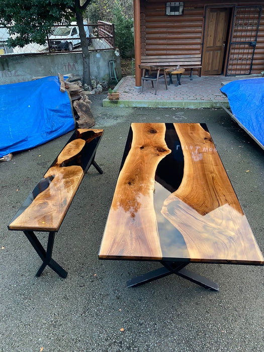 Walnut Dining Table, Custom 103” x 44” Unique Walnut Table, Black Epoxy River Table, River Shiny Dining Table, Custom Order for Sue