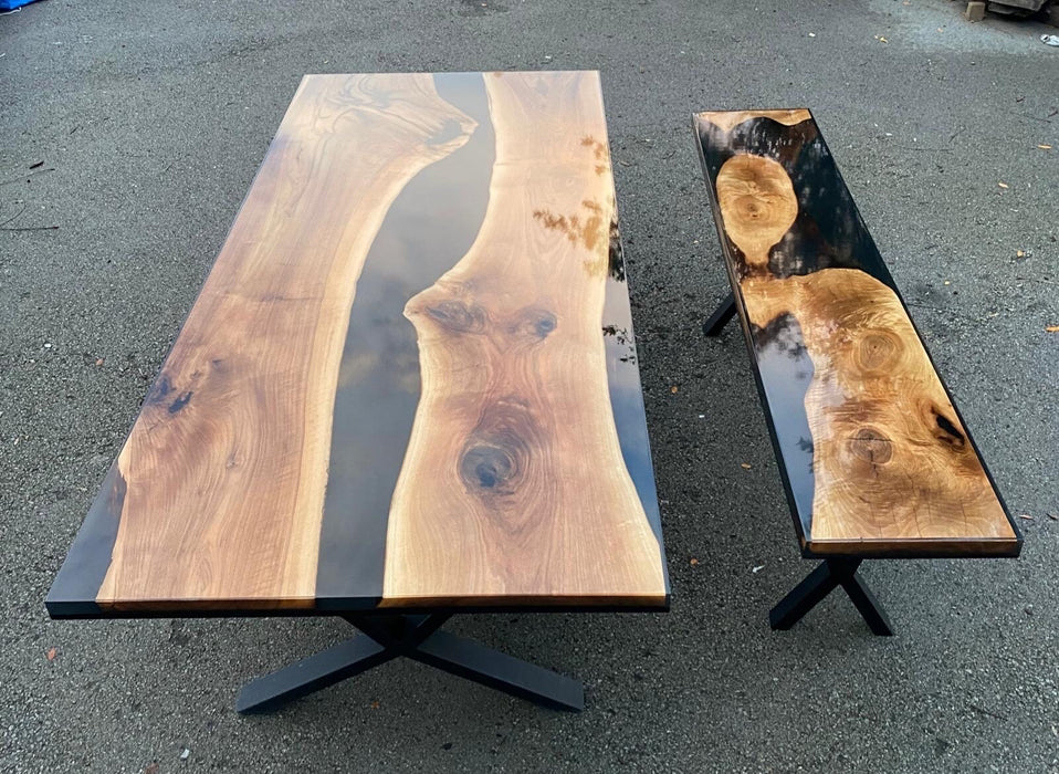 Walnut Dining Table, Custom 103” x 44” Unique Walnut Table, Black Epoxy River Table, River Shiny Dining Table, Custom Order for Sue