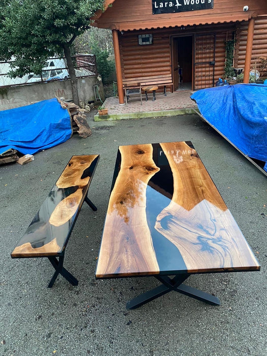 Walnut Dining Table, Custom 103” x 44” Unique Walnut Table, Black Epoxy River Table, River Shiny Dining Table, Custom Order for Sue