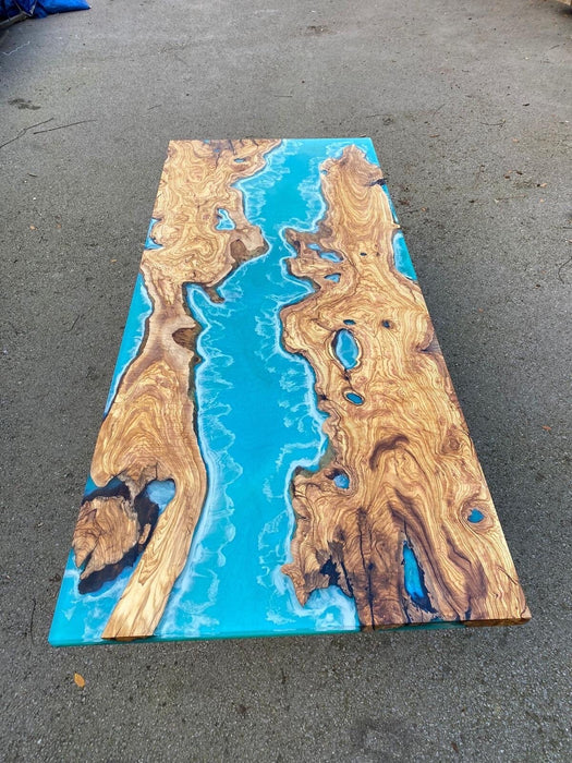 Olive Wood Epoxy Table, Custom 84” x 34” Olive Wood Table, Turquoise Green Ehite Wawes Epoxy Table, Epoxy Resin River Table for Richard B