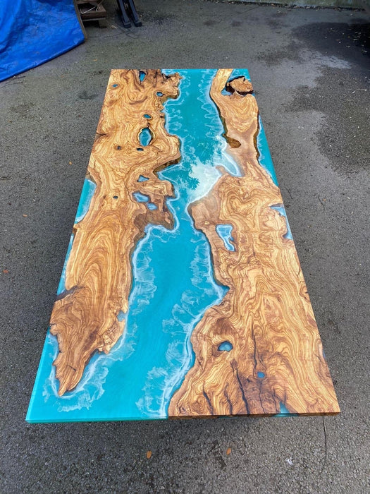 Olive Wood Epoxy Table, Custom 84” x 34” Olive Wood Table, Turquoise Green Ehite Wawes Epoxy Table, Epoxy Resin River Table for Richard B