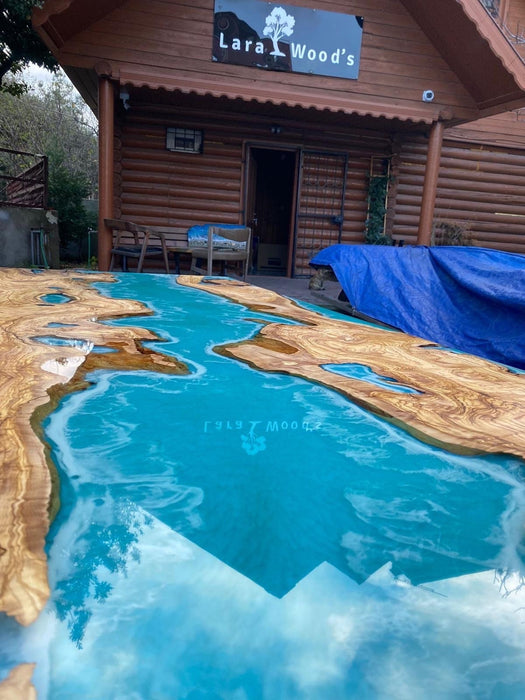 Olive Wood Epoxy Table, Custom 84” x 34” Olive Wood Table, Turquoise Green Ehite Wawes Epoxy Table, Epoxy Resin River Table for Richard B