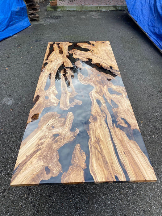 Olive Wood Dining Table, Custom 100” x 44" Smoke Gray Epoxy Table,  Handmade Epoxy Resin River Table, Live Edge Dining Table for Paul B