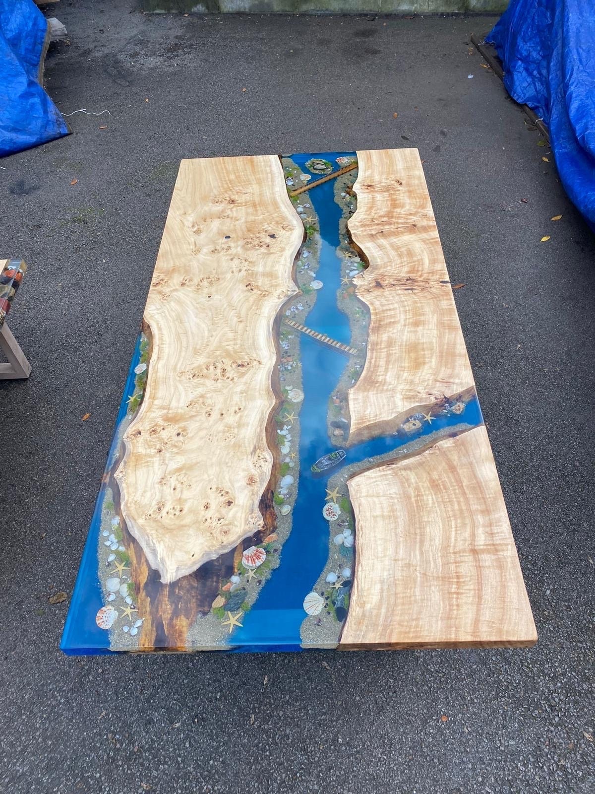 READY TO SHIP Custom 72” x 36” Poplar Blue Ocean Epoxy Dining Table, Aquarium River Epoxy Table