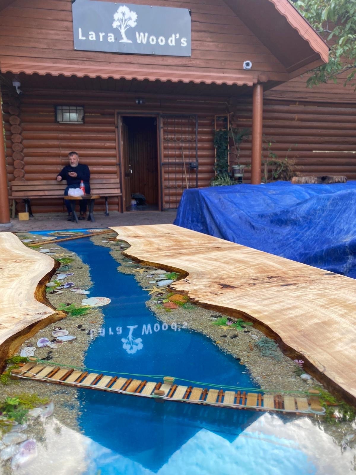 READY TO SHIP Custom 72” x 36” Poplar Blue Ocean Epoxy Dining Table, Aquarium River Epoxy Table