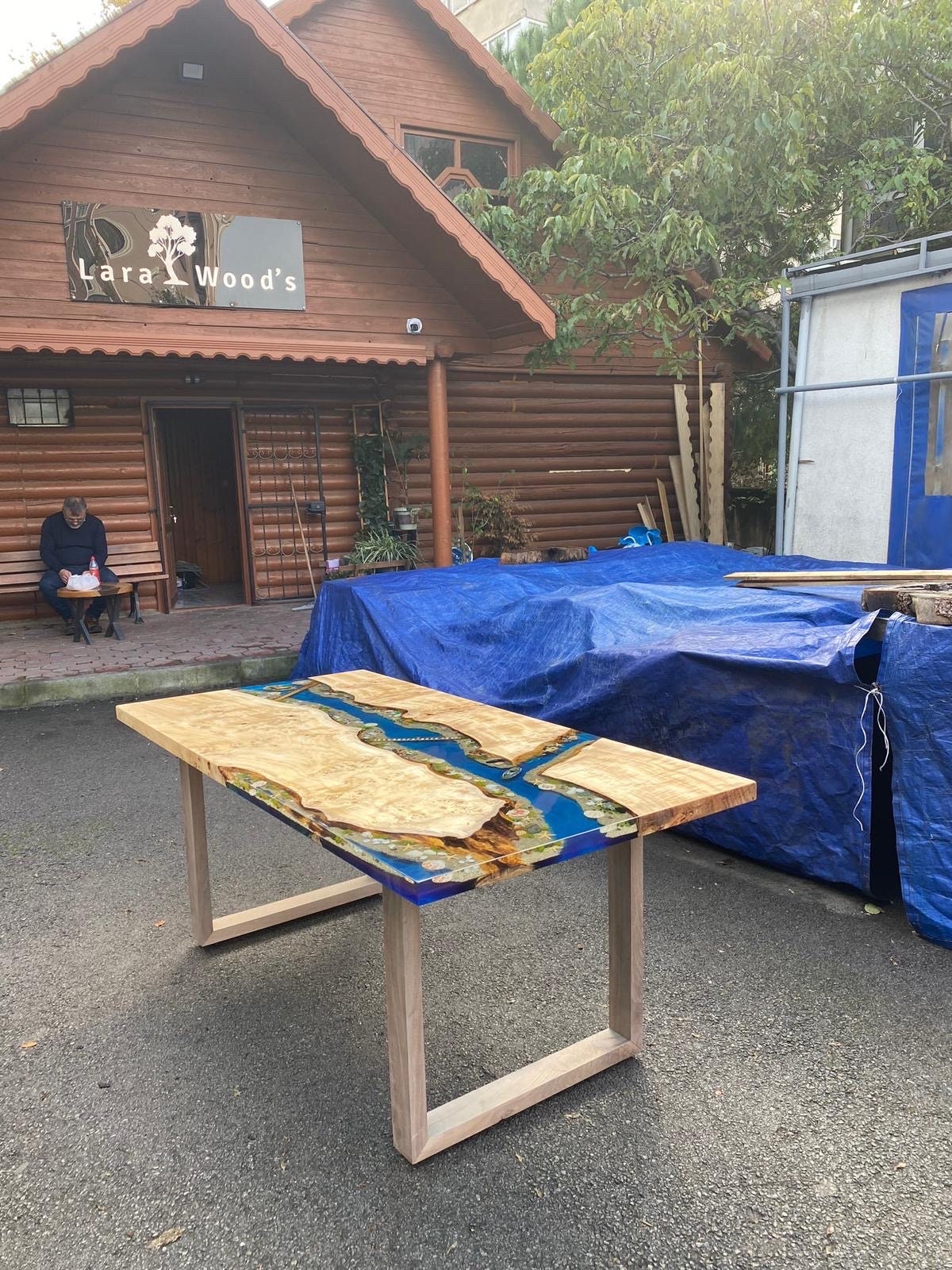 READY TO SHIP Custom 72” x 36” Poplar Blue Ocean Epoxy Dining Table, Aquarium River Epoxy Table