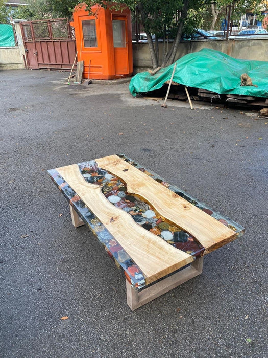 READY TO SHIP Custom 55” x 27.5” Poplar Blue Ocean Epoxy Dining Table, Aquarium Rock River Epoxy Table