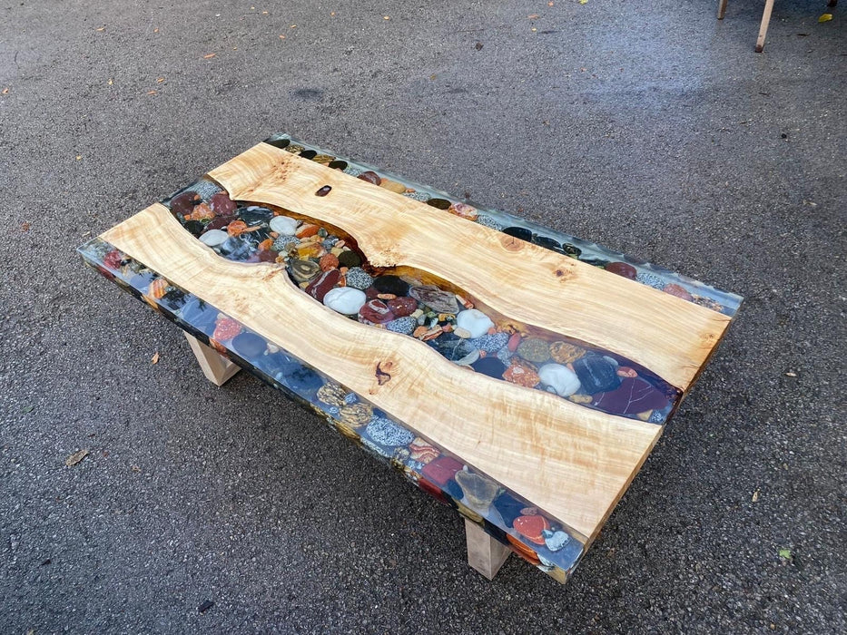 READY TO SHIP Custom 55” x 27.5” Poplar Blue Ocean Epoxy Dining Table, Aquarium Rock River Epoxy Table