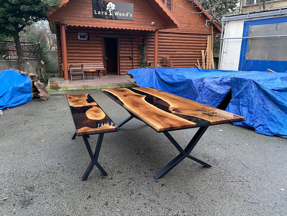 Walnut Dining Table, Custom 103” x 44” Unique Walnut Table, Black Epoxy River Table, River Shiny Dining Table, Custom Order for Sue