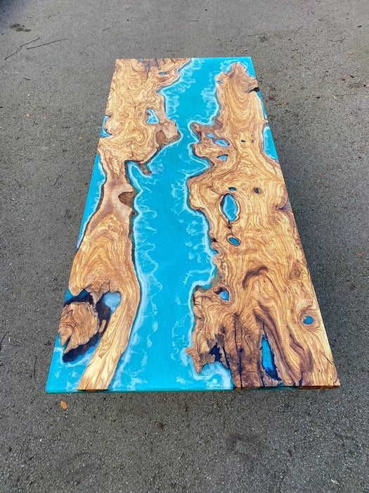 Olive Wood Epoxy Table, Custom 84” x 34” Olive Wood Table, Turquoise Green Ehite Wawes Epoxy Table, Epoxy Resin River Table for Richard B