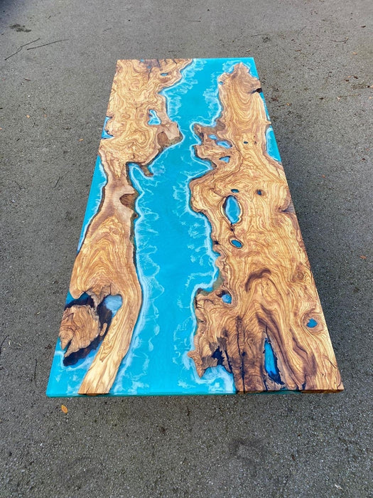 Olive Wood Epoxy Table, Custom 84” x 34” Olive Wood Table, Turquoise Green Ehite Wawes Epoxy Table, Epoxy Resin River Table for Richard B