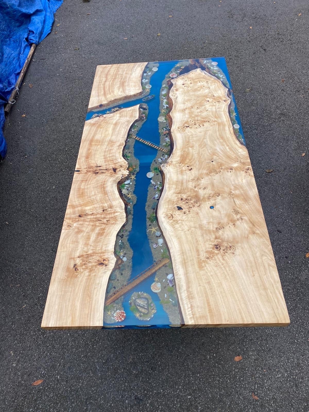 READY TO SHIP Custom 72” x 36” Poplar Blue Ocean Epoxy Dining Table, Aquarium River Epoxy Table