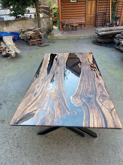 Epoxy Table, Epoxy Dining Table, Walnut Table, Custom 115” x 60” Walnut Smoke Gray Epoxy River Table Order for Matt H