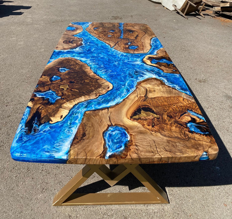 Epoxy Table, Epoxy Dining Table, Ocean Table, Custom 96” x 44” Hackberry Ocean Blue, Turquoise White Waves Epoxy River Table Order for Ans 2