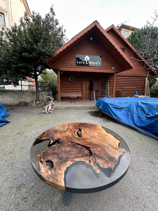 Epoxy Coffee Table, Epoxy Resin Coffee Table, Custom 48” Diameter Round Walnut Smokey Gray Epoxy Table Order for Valerie L