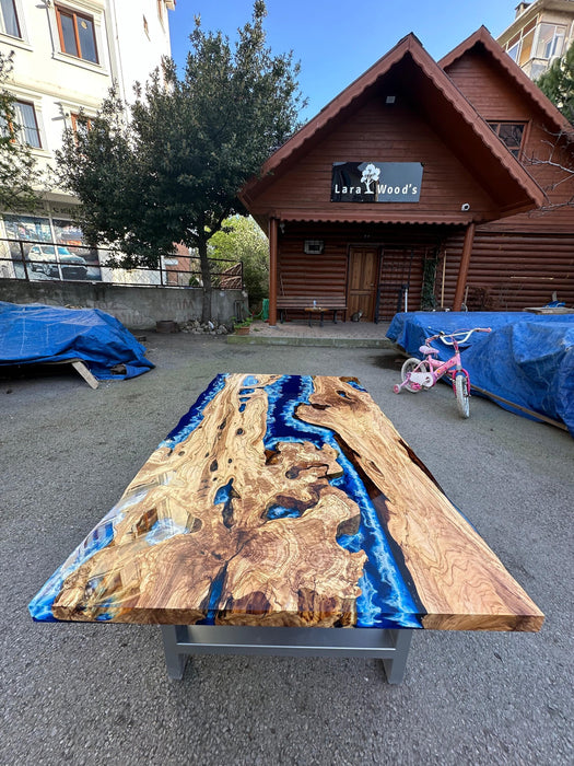 Olive Wood Epoxy Table, Custom 60” x 30” Olive Wood Table, Deep Blue and Turquoise Table, Epoxy Resin Table Order for Cathy