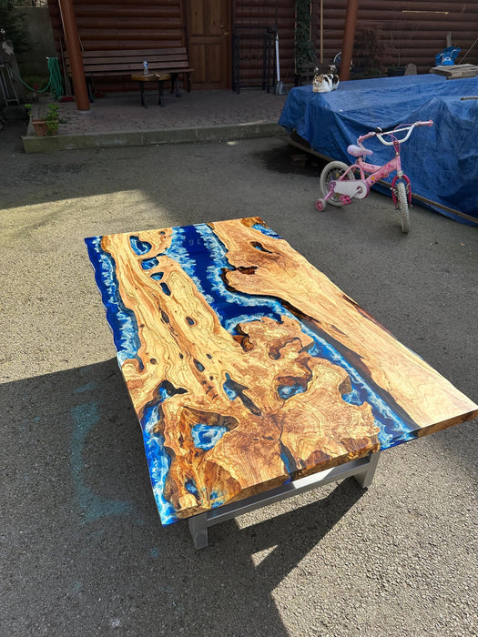 Olive Wood Epoxy Table, Custom 60” x 30” Olive Wood Table, Deep Blue and Turquoise Table, Epoxy Resin Table Order for Cathy