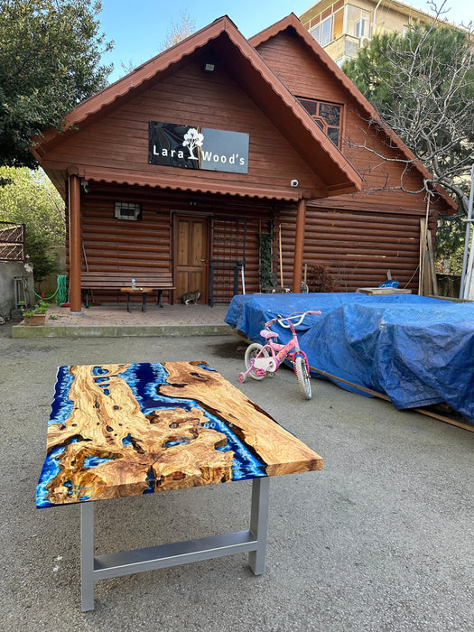 Olive Wood Epoxy Table, Custom 60” x 30” Olive Wood Table, Deep Blue and Turquoise Table, Epoxy Resin Table Order for Cathy