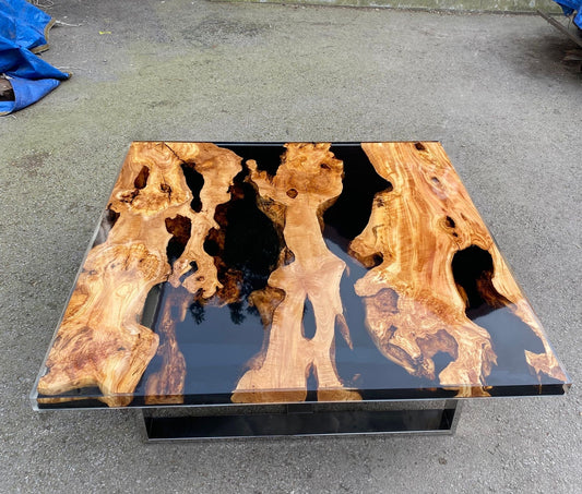 Epoxy Coffee Table, Olive Wood Coffee Table, Custom 50” x 50" Olive Wood Black Epoxy Table, Custom Order for Lauren Tp