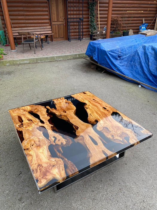 Epoxy Coffee Table, Olive Wood Coffee Table, Custom 50” x 50" Olive Wood Black Epoxy Table, Custom Order for Lauren Tp